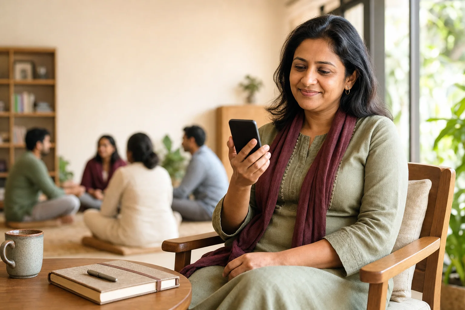 A participant receiving Vedanta session information on a smartphone after a community reflection gathering